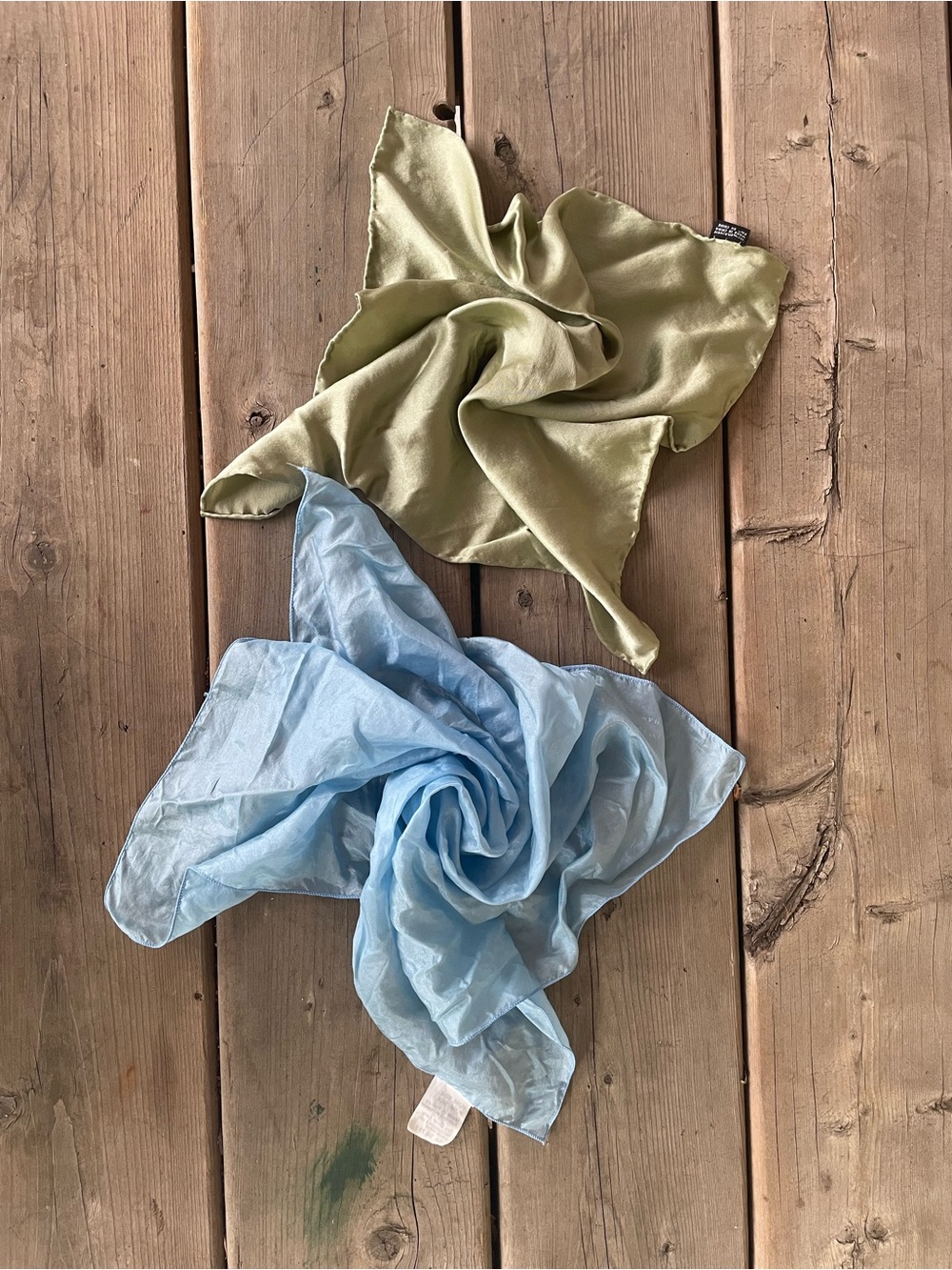 Two Piece Vintage 100% Silk Squares in Olive Green and Sheer Light Blue